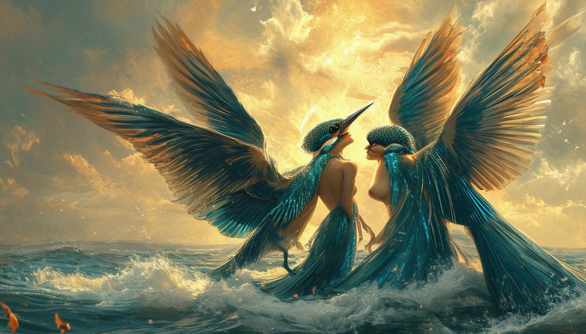 Alcyone and Ceyx being transformed into halcyon birds (kingfishers) by compassionate gods after Ceyx's tragic death at sea.