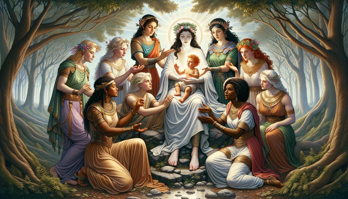 Alcyone and her sisters disguising and protecting a young Dionysus from Hera's wrath.