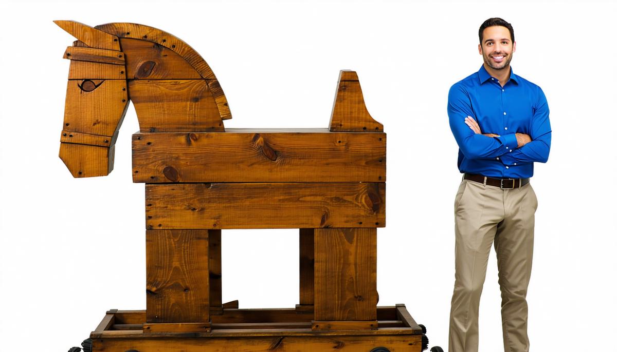 Allstate spokesperson next to a wooden Trojan horse on wheels