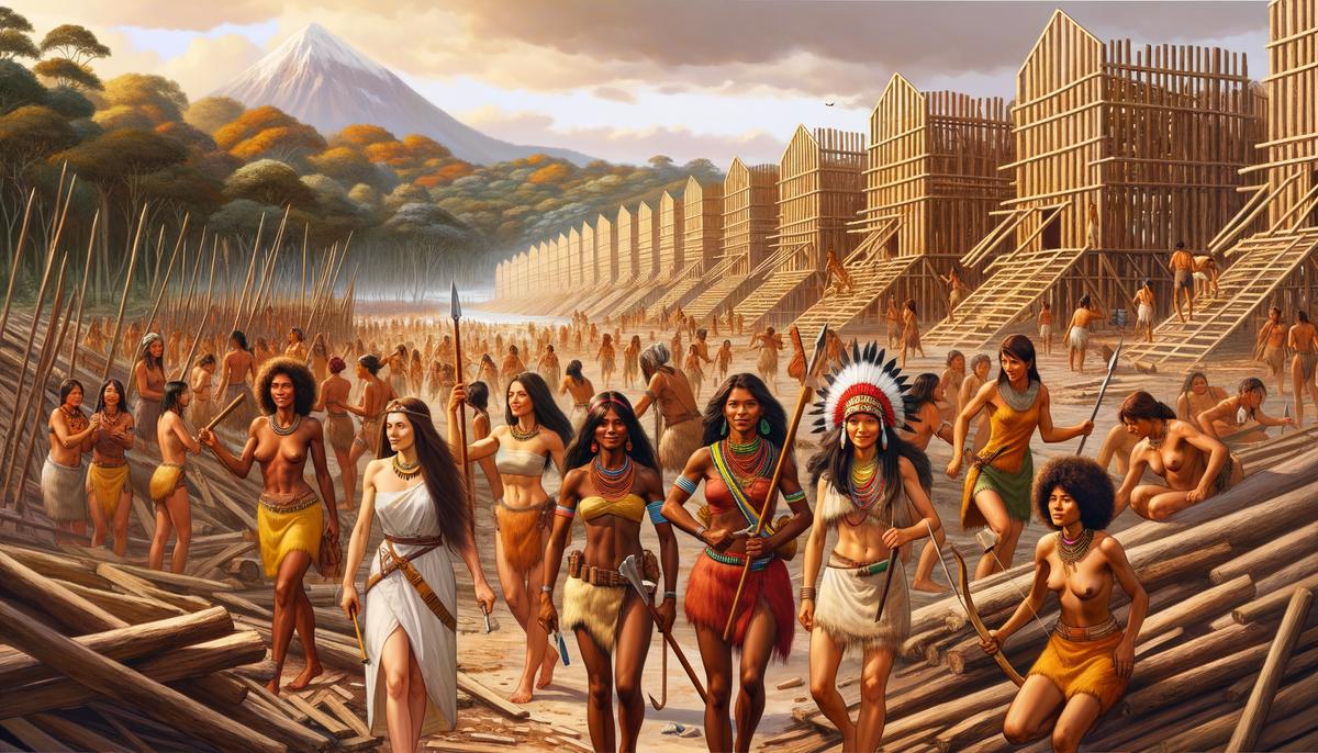 Amazonian warriors founding a new city, with some women constructing buildings and others standing guard with weapons