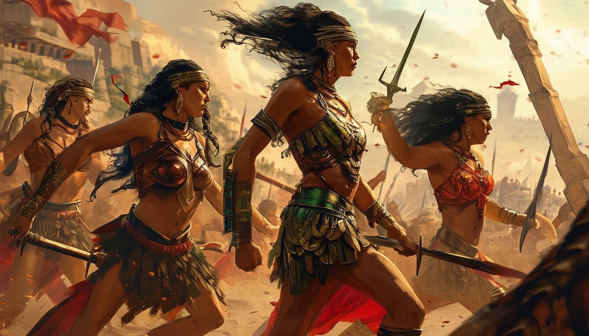 Amazonian warriors, including Iphito, battling enemies to defend their city of Themiscyra