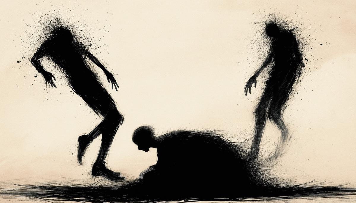 An abstract illustration depicting guilt and shame as dark, looming figures hovering over a person who is curled up in a ball, symbolizing the mental torment caused by these emotions.