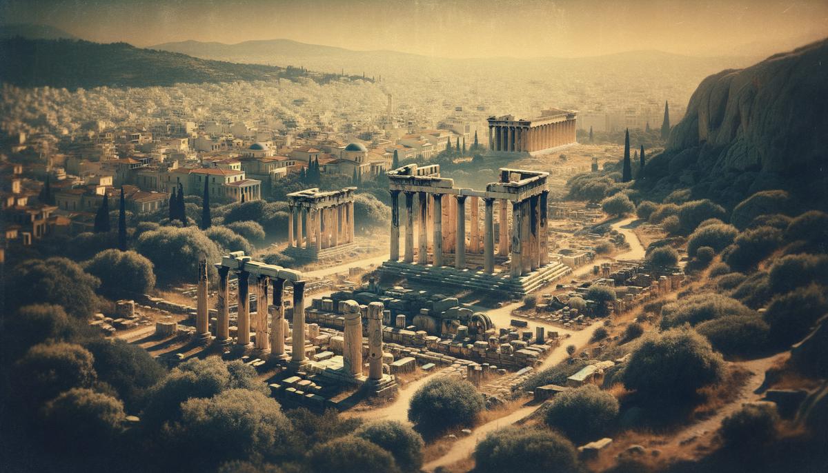 An aerial view of ancient Eleusis with Athens visible in the distance