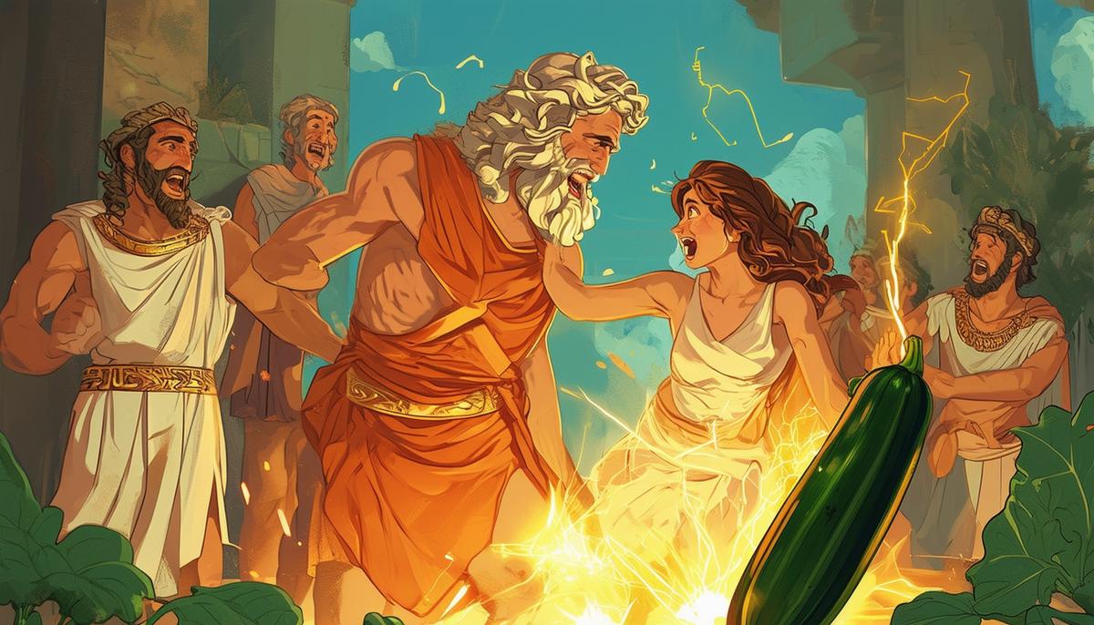An amusing illustration of Hermes and Lina sneakily replacing Zeus' thunderbolt with a zucchini, while other gods react with surprise and laughter
