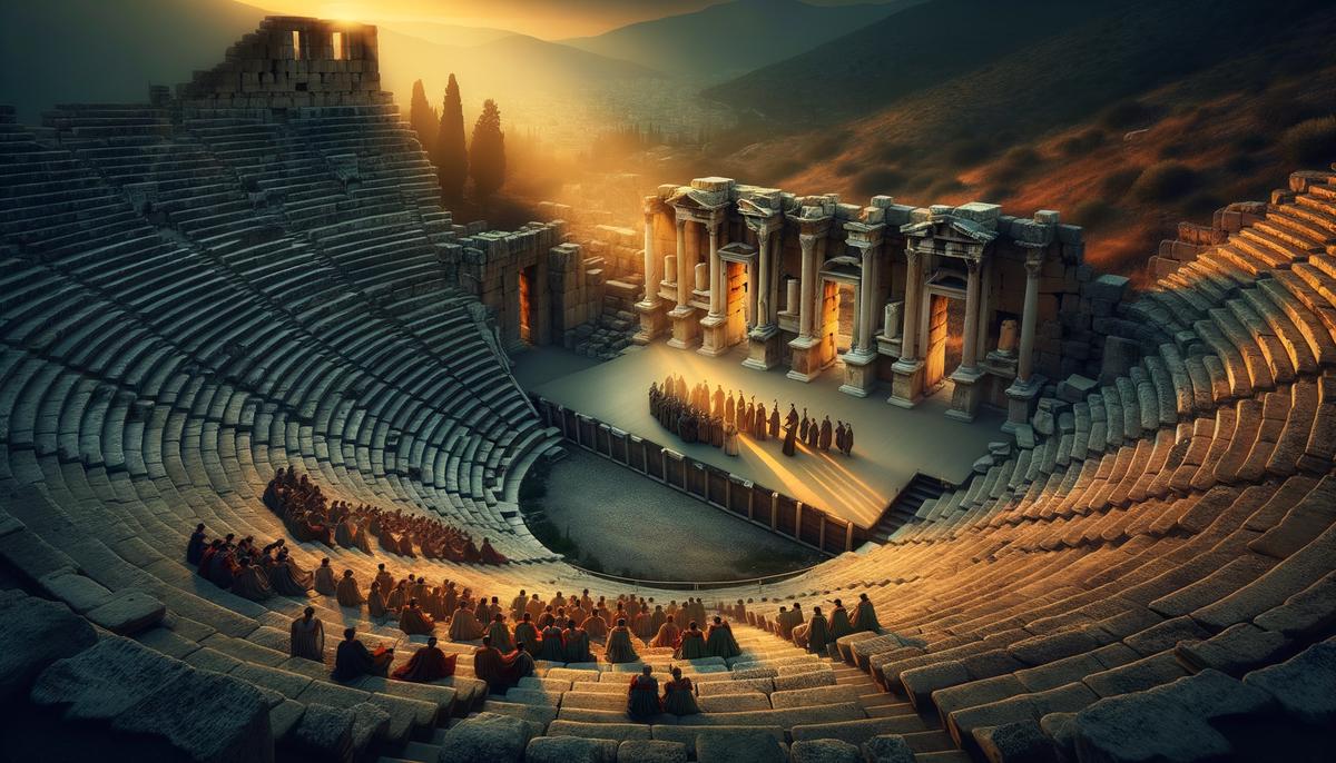 An ancient Greek amphitheater with dramatic interplay of light and shadow, symbolizing the cultural impact of these themes
