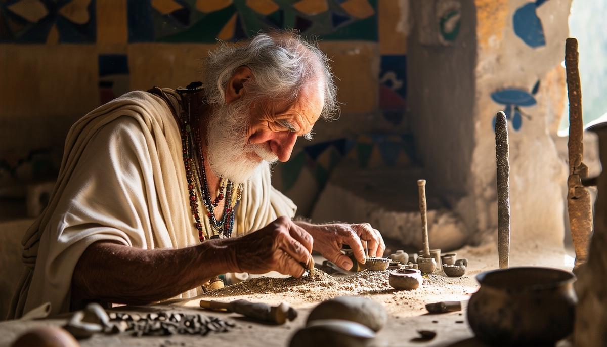 An ancient Greek artisan crafting a magical amulet