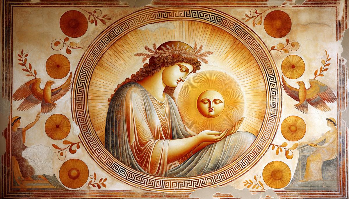An ancient Greek fresco depicting Helia as a nurturing presence, gently disseminating vitality and light