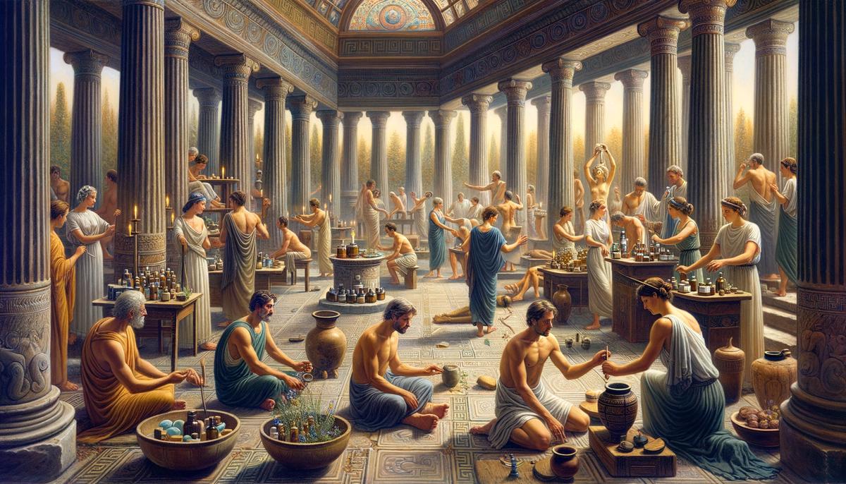An ancient Greek healing ritual taking place in a temple dedicated to Epione, with worshippers chanting, preparing herbal remedies, and engaging in early forms of physiotherapy