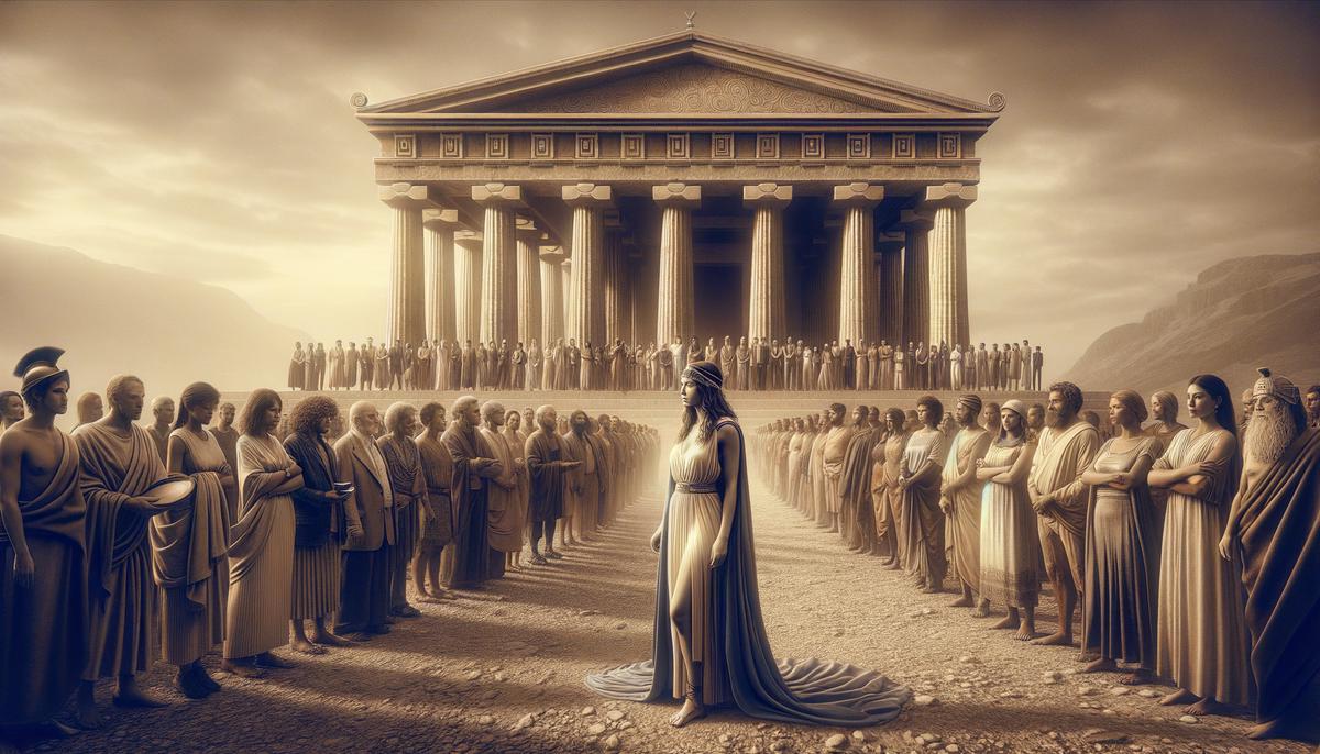 An ancient Greek oracle standing in front of a temple, surrounded by people seeking guidance