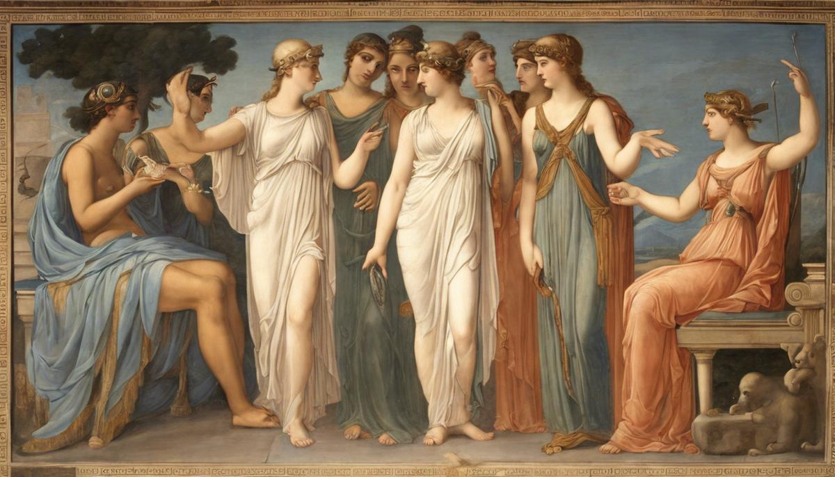 An ancient Greek painting depicting the Judgment of Paris with the three goddesses Hera, Athena, and Aphrodite presenting themselves to Paris