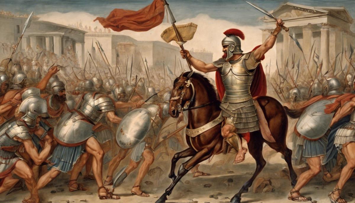 An ancient Greek painting depicting the Trojan hero Hector in full battle armor, ready to defend his city