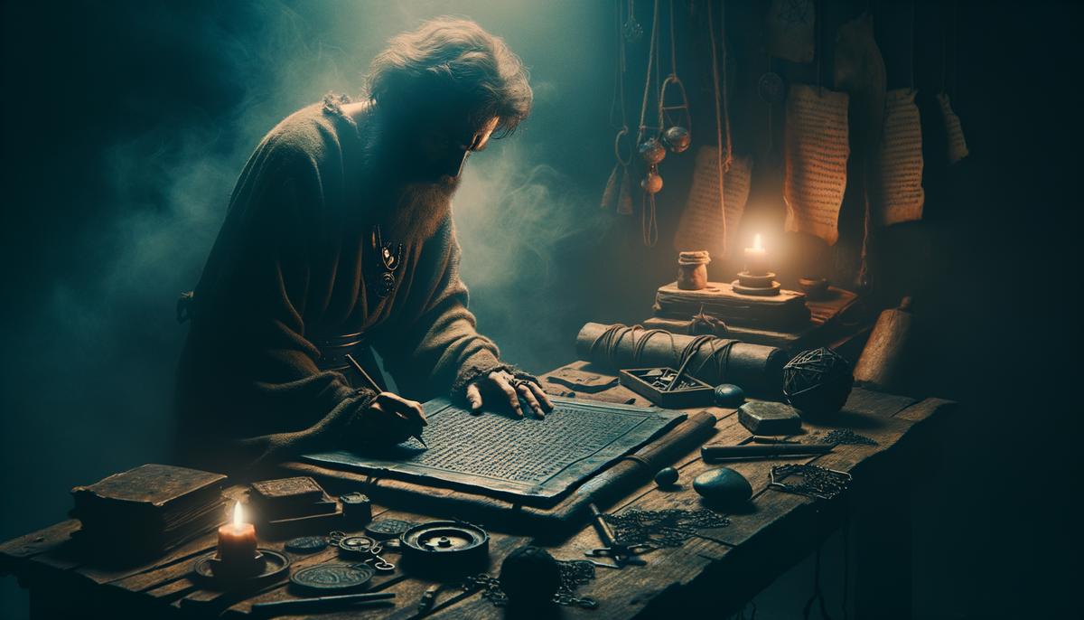 An ancient Greek person inscribing a binding curse on a lead tablet