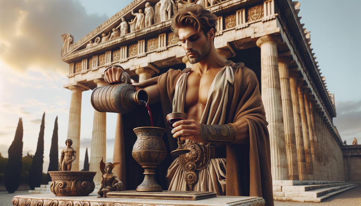 An ancient Greek person pouring a libation of wine onto an altar