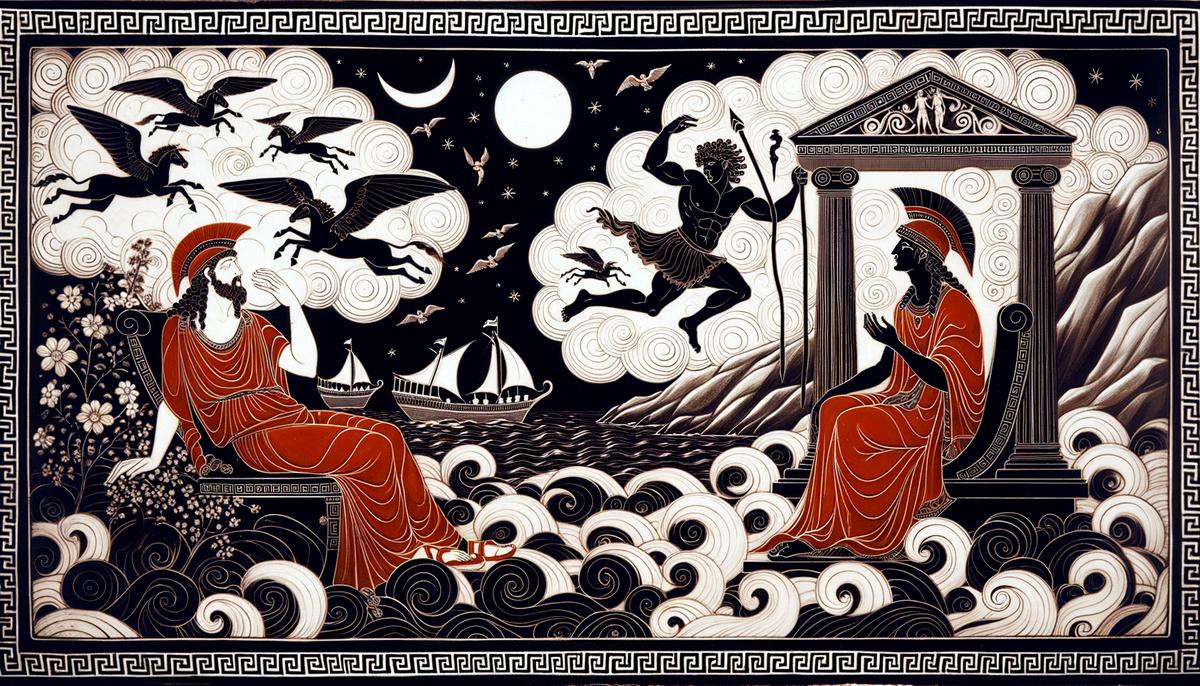 An ancient Greek pottery-inspired illustration depicting key mythical scenes involving Hypnos and Morpheus, such as Hypnos lulling Zeus to sleep and Morpheus appearing in Alcyone's dream.