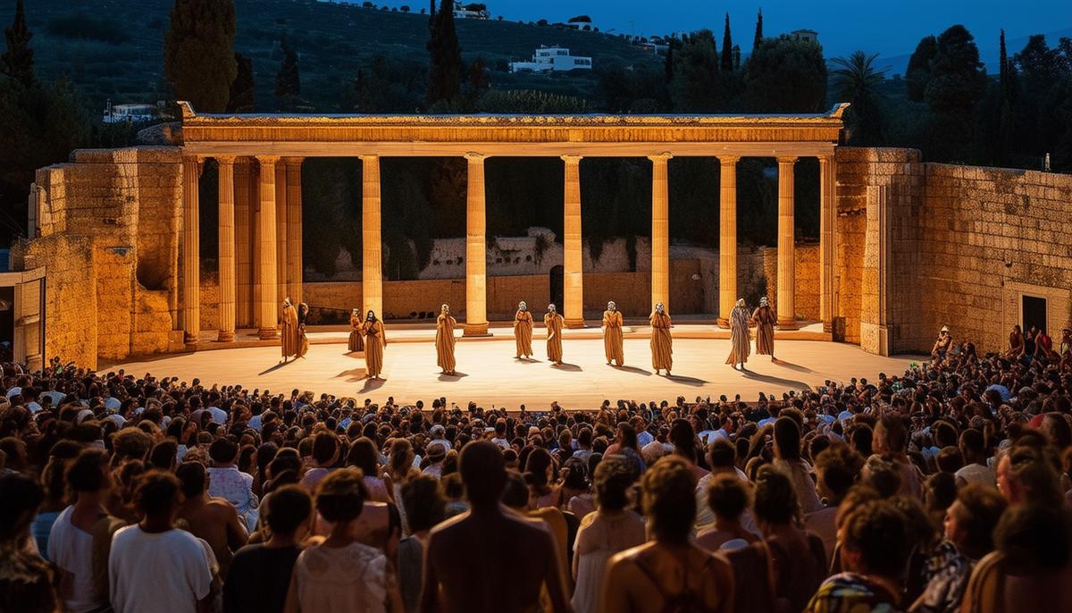 An ancient Greek theater performance during the City Dionysia festival, with actors in masks on stage and a large audience