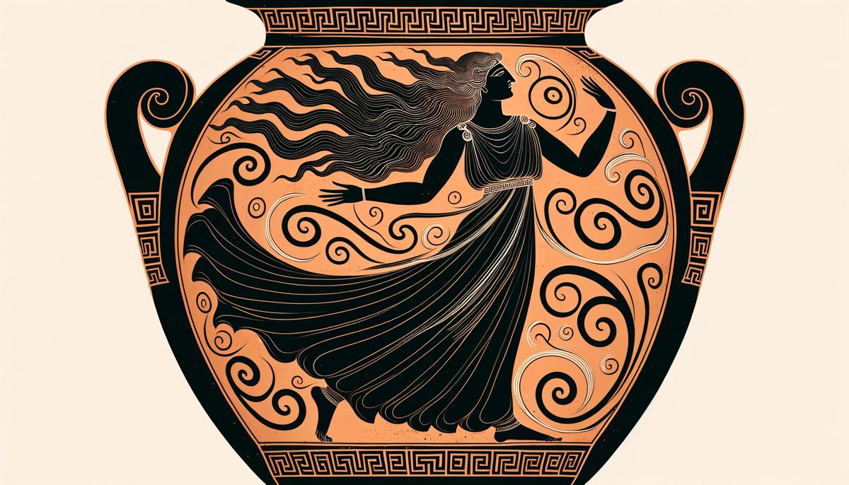 An ancient Greek vase painting depicting Lipse, the goddess of the southwest wind, as a graceful female figure with flowing hair, surrounded by gentle breezes