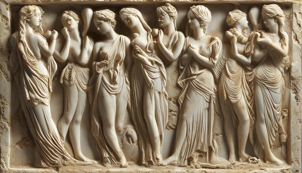 An ancient Greek votive relief depicting a group of nymphs, hinting at the reverence for nurturing figures like Prosymna