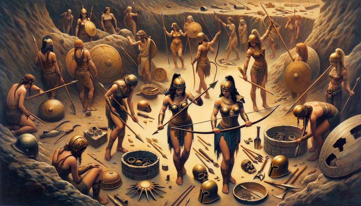 An archaeological excavation site revealing ancient weapons, armor and artifacts suggesting the historical existence of Amazonian warriors like Thermodosa.