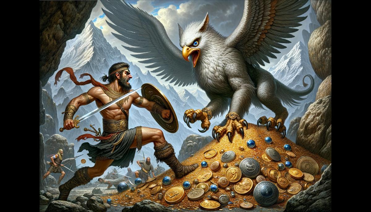 An Arimaspian warrior with one eye battling a fierce griffin over gold