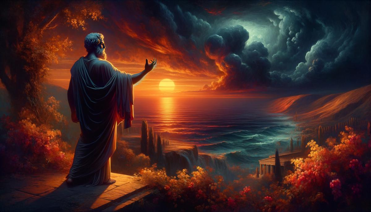 An artist's interpretation of Homer describing the wine-dark sea, with rich colors and poetic atmosphere