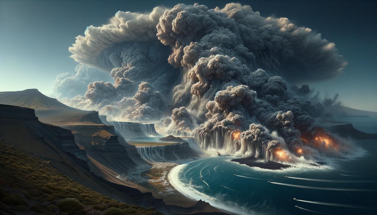 An artist's rendition of the ancient volcanic eruption on Santorini, with ash clouds and tidal waves