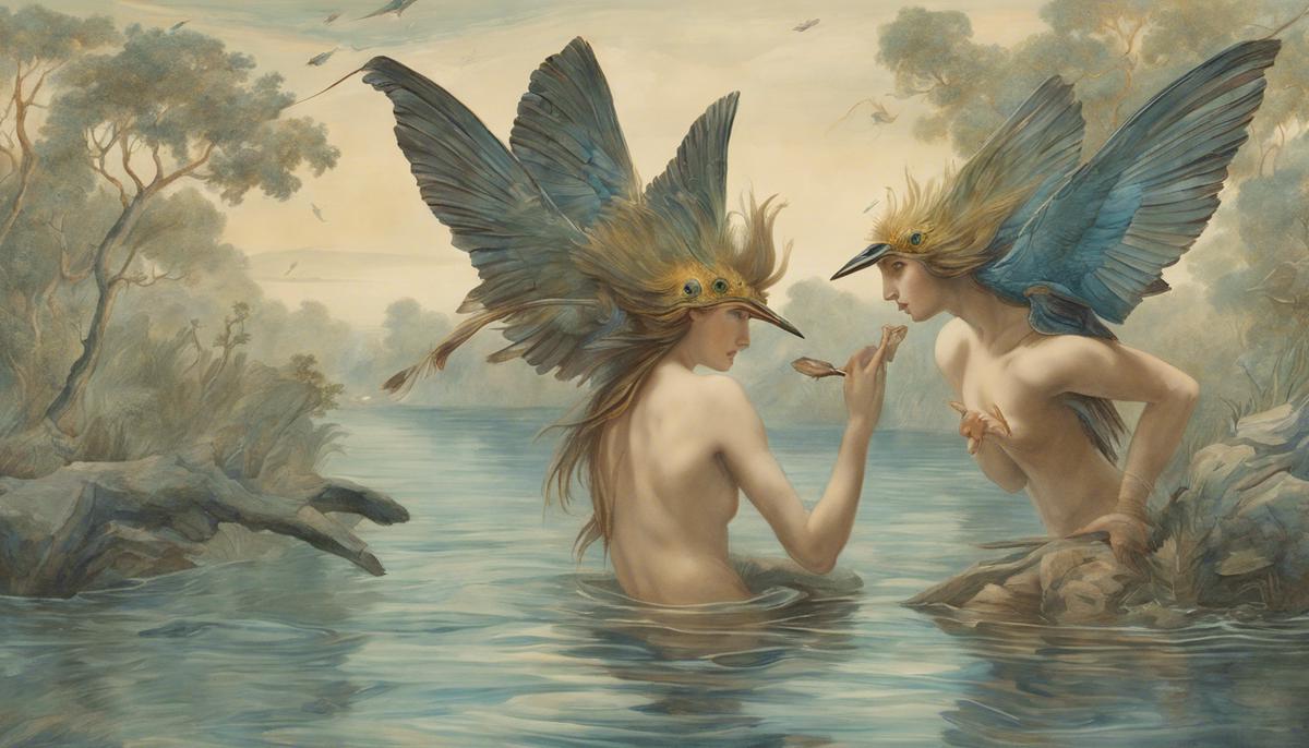 An artistic depiction of Alcyone and Ceyx transformed into kingfishers, symbolizing the Halcyon days