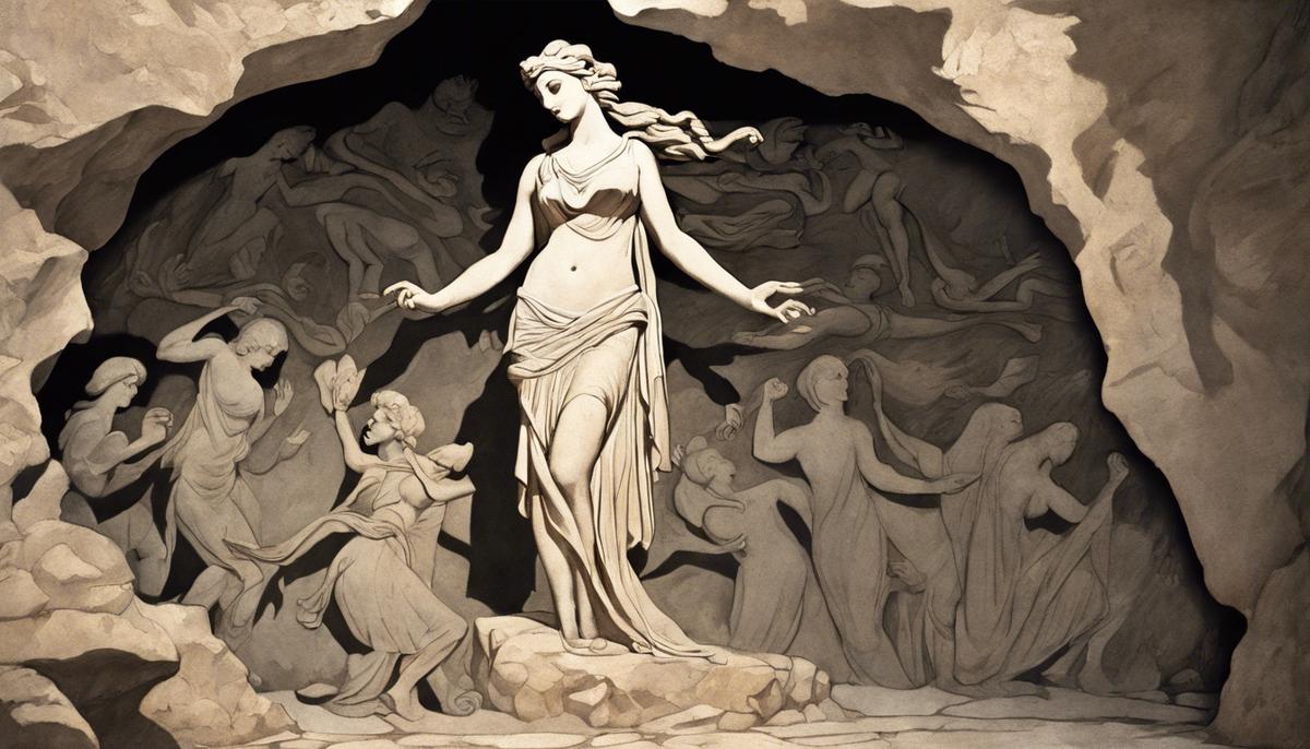 An artistic depiction of Apate, the Greek goddess of deceit, with shadows dancing on the walls of a cave