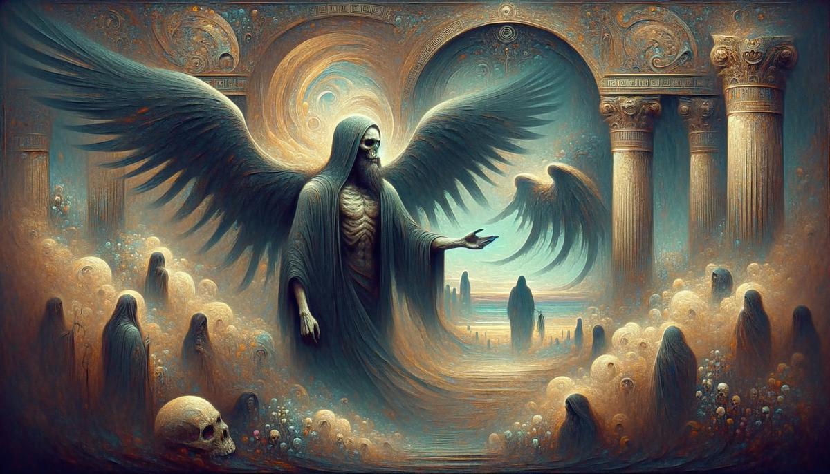 An artistic depiction of Thanatos, the Greek god of death, as a calm, neutral figure guiding souls to the underworld