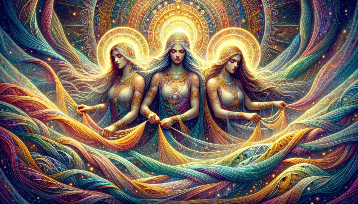An artistic depiction of The Moirai, the three sisters from Greek mythology who control the metaphorical threads of life, shown as weavers working on an expansive, glowing tapestry that represents the fates of mortals and gods. The intricate threads are woven together in a complex pattern, symbolizing the interconnectedness of all lives and destinies.