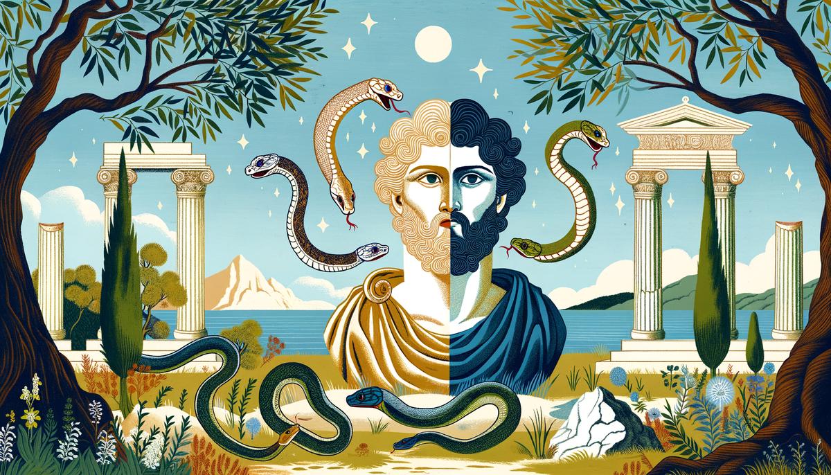 An artistic depiction of Tiresias transforming from male to female after encountering the snakes