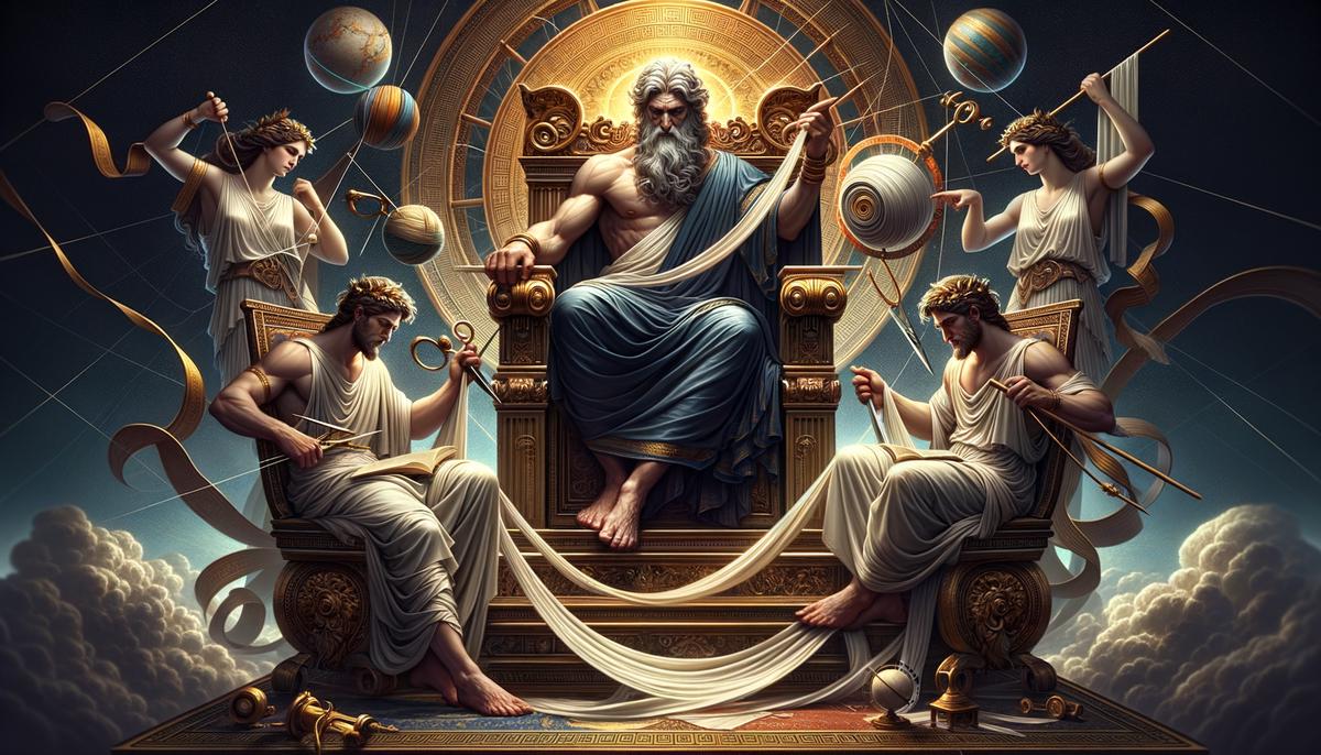 An artistic interpretation of the complex relationship between Zeus, king of the gods, and The Moirai, or Fates, in Greek mythology. Zeus is shown seated on his throne, looking pensive as he holds a lightning bolt, while the three Fates stand nearby, holding their respective tools and a woven tapestry that represents the destiny of all beings, even the gods. The image conveys the uneasy truce and balance of power between these formidable forces.