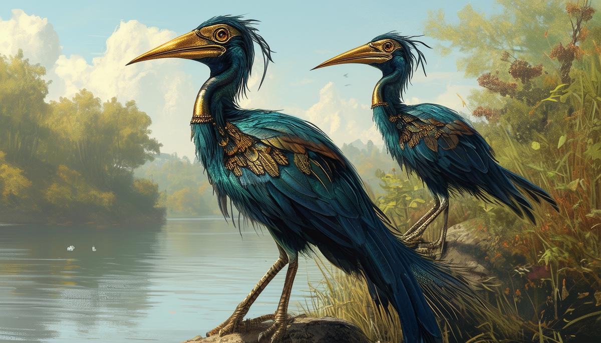 An artistic rendering of Stymphalian Birds with bronze beaks and metallic feathers perched near Lake Stymphalia