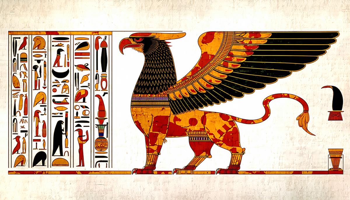 An artistic representation of a griffin with a lion's body and an eagle's head and wings, inspired by ancient Egyptian and Near Eastern art styles.