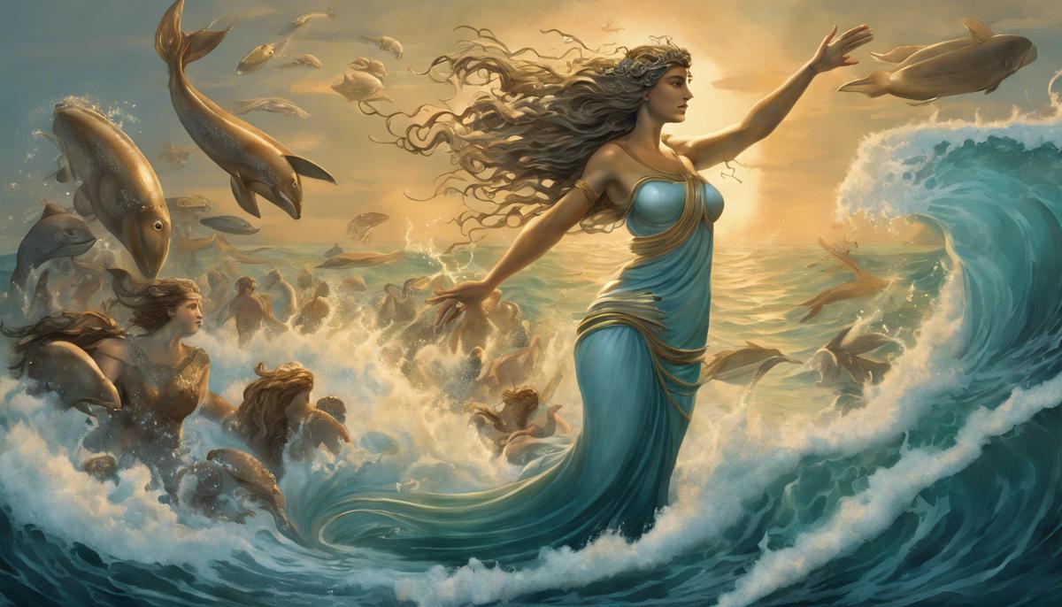 An artistic representation of Amphitrite, the Greek goddess of the sea, commanding the waves and sea creatures