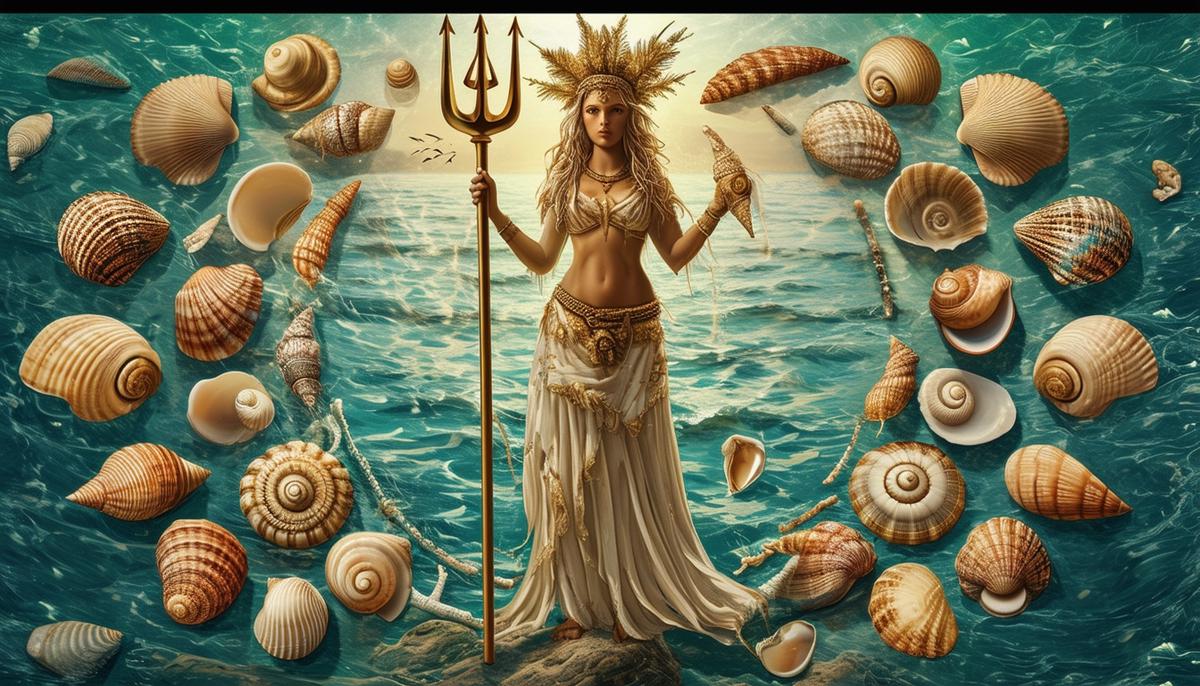 An artistic representation of Ececheira's symbols and powers. The goddess stands at the center, holding a trident and surrounded by various types of shells. The image conveys her control over the sea and her role as a protector of maritime life and trade.