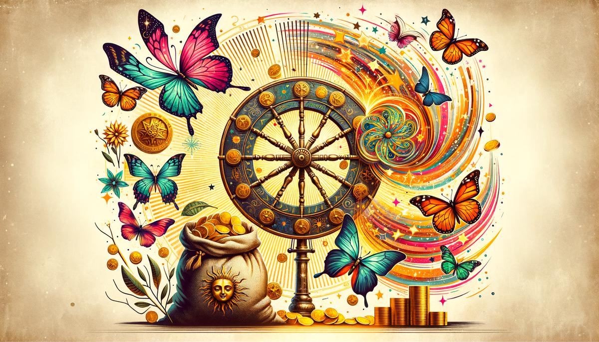 An artistic representation of Lina's symbols: a turning wheel, fluttering butterflies, and a sack of coins, arranged in a whimsical composition