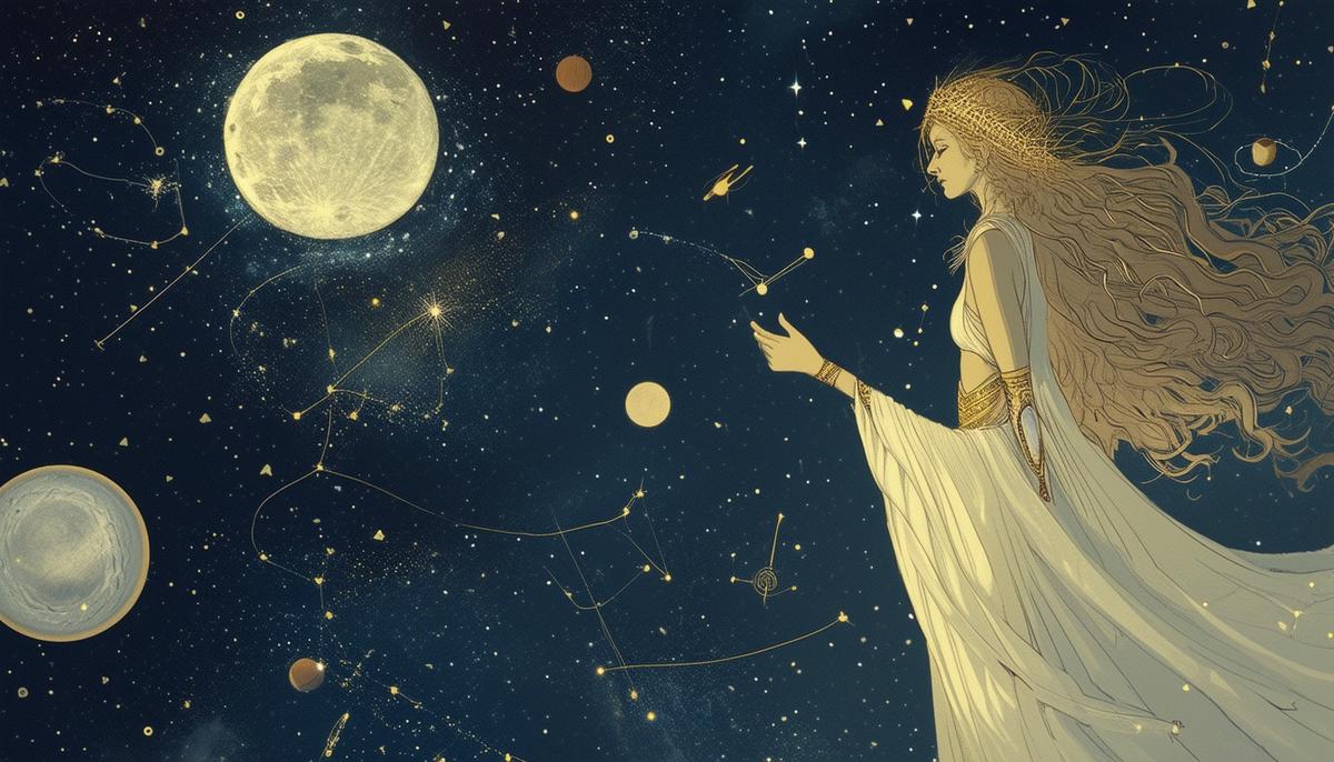 An artistic representation of Phoebe, the Titan goddess of the moon, surrounded by celestial bodies and the night sky.