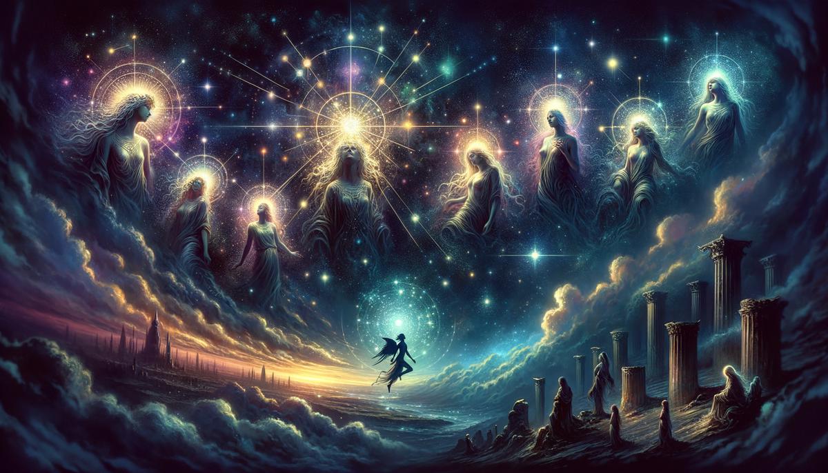 An artistic representation of the Pleiades star cluster in the context of Greek mythology, depicting the seven sisters and their celestial pursuer, Orion.