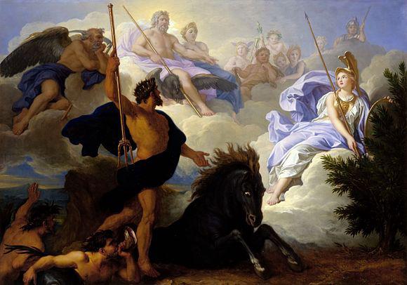 An artistic representation of the tension between fate and divine intervention in ancient Greek mythology