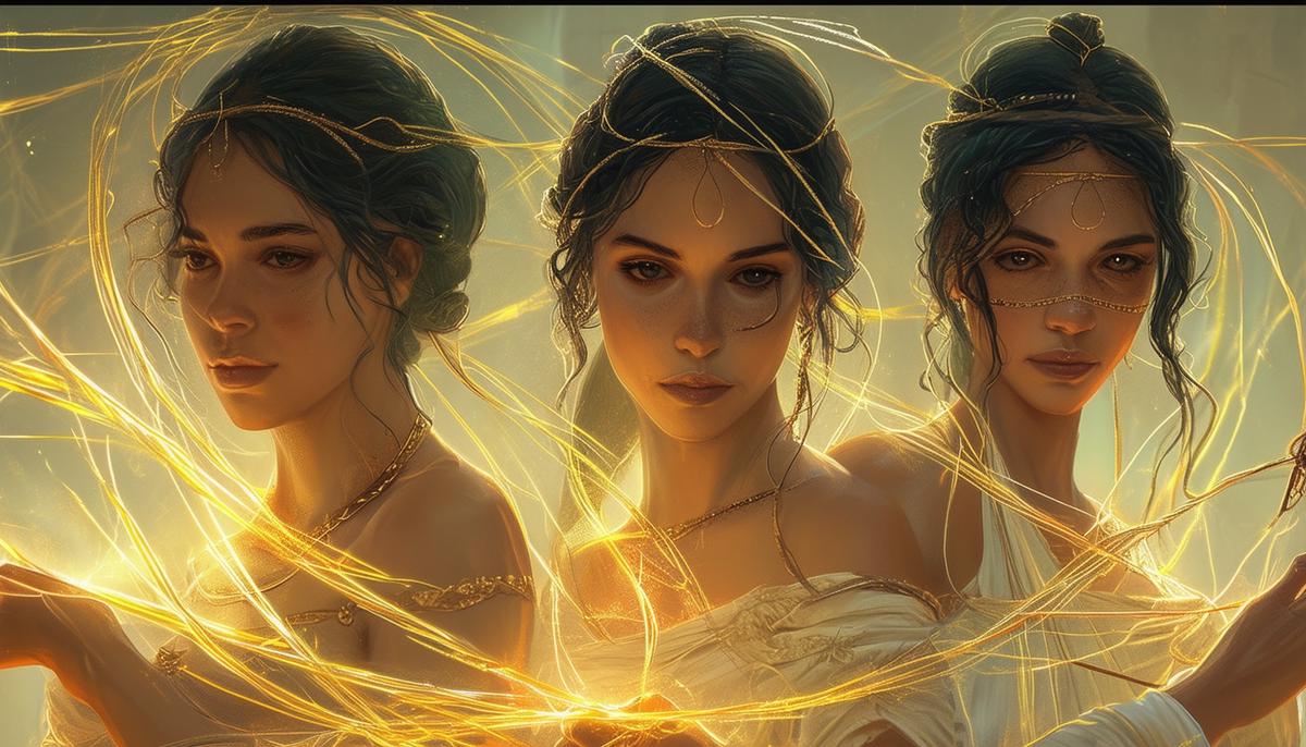 An artistic representation of The Three Moirai sisters from Greek mythology - Clotho, the spinner who creates the thread of life; Lachesis, the measurer who decides its length; and Atropos, the cutter who ends each life when the time comes. They are shown working together in harmony, each focused on her specific role in determining mortal fates.