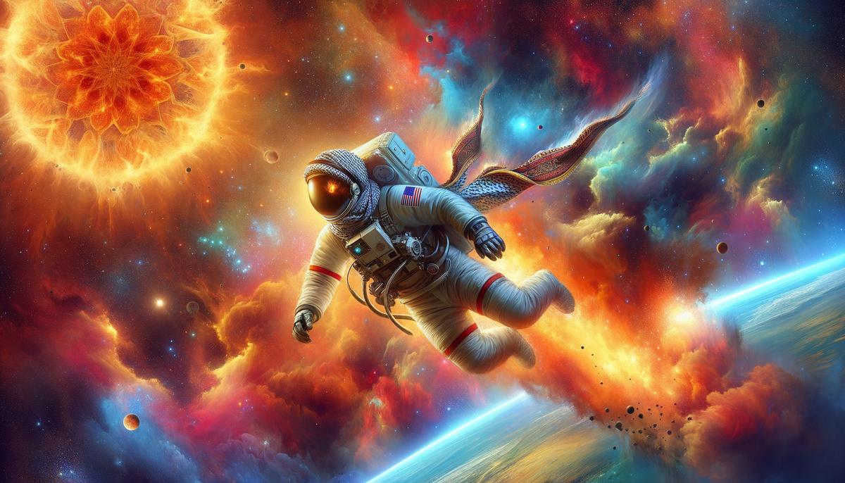 An astronaut with malfunctioning jetpack falling towards a star