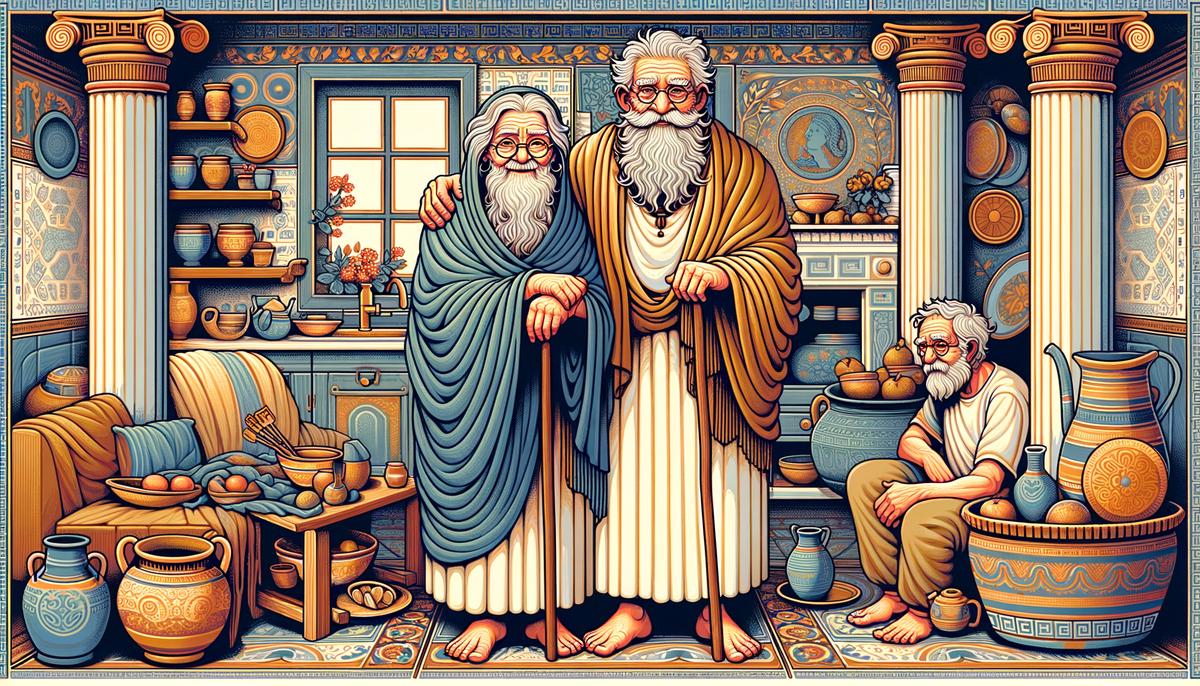An elderly couple, Baucis and Philemon, warmly welcoming two travelers into their humble home