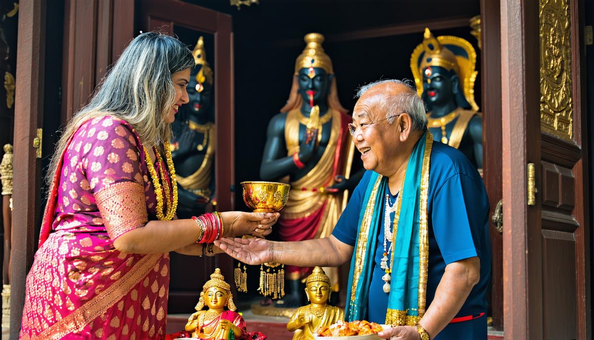 An elderly couple welcoming disguised gods into their humble home
