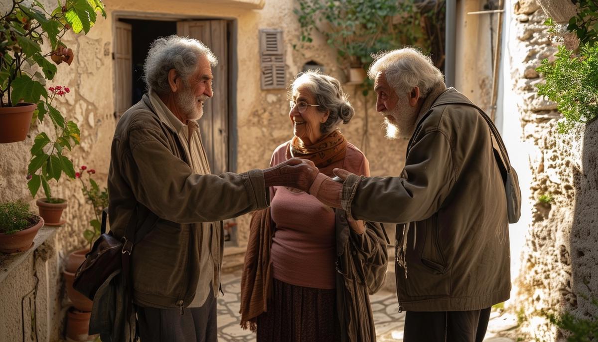 An elderly Greek couple welcoming two dusty travelers into their humble home