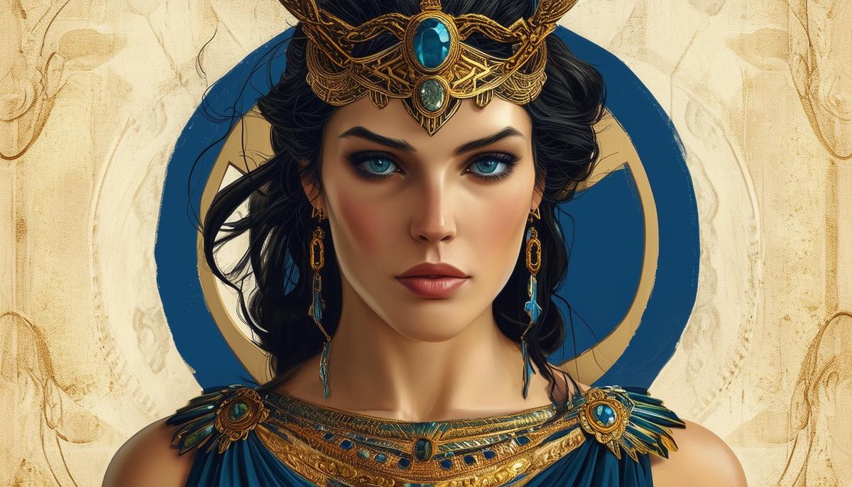An elegant portrayal of the goddess Hera, Queen of the Greek gods, adorned in regal attire and jewelry.