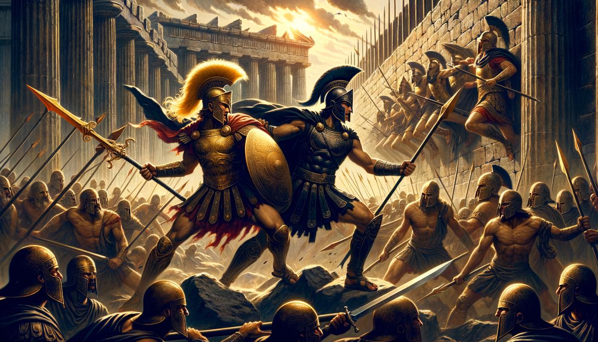 An epic battle scene from the Trojan War with Greek and Trojan warriors clashing