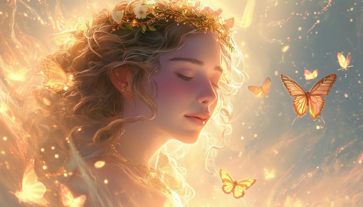 An ethereal illustration of Lina, a lesser-known Greek goddess, floating gracefully with a subtle smile, surrounded by soft, glowing light and delicate butterflies