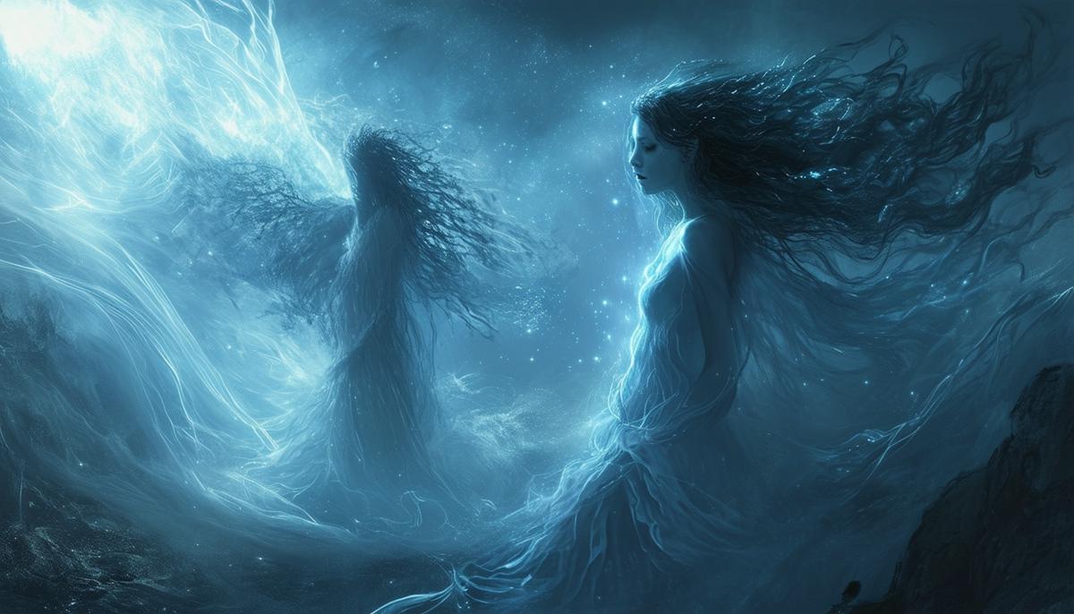 An ethereal scene depicting the two possible origins of Achlys, either as a primordial goddess emerging from the void or as a daughter of Nyx, the goddess of night