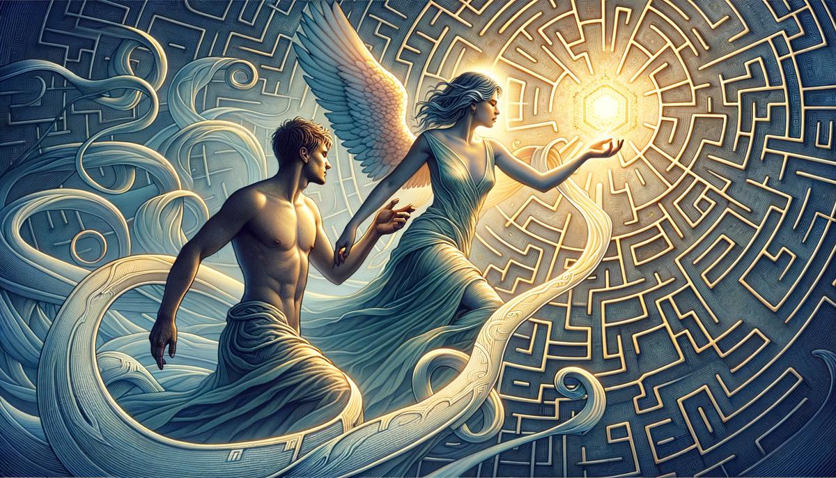 An evocative illustration of Lina, the Greek goddess of serendipity, gently guiding a mortal through a labyrinth of life, with soft light illuminating the less trodden path