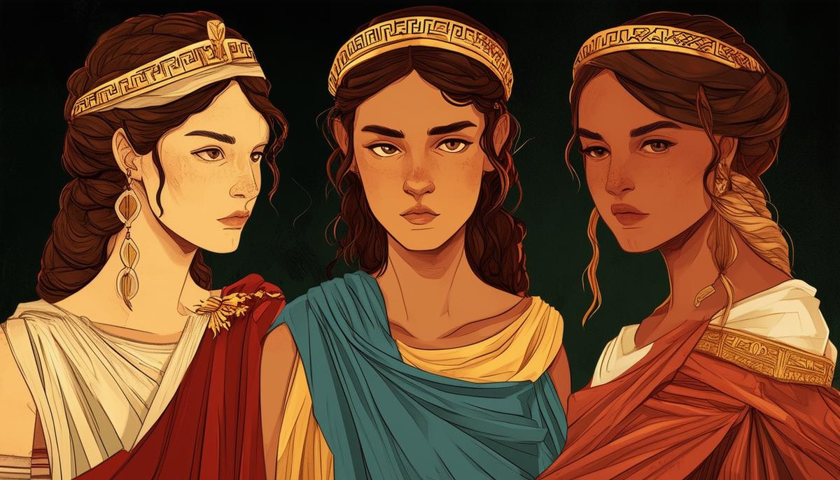 An illustration comparing Hesychia with her siblings, Dike, Eunomia, and Eirene, showcasing their distinct roles in the Greek pantheon